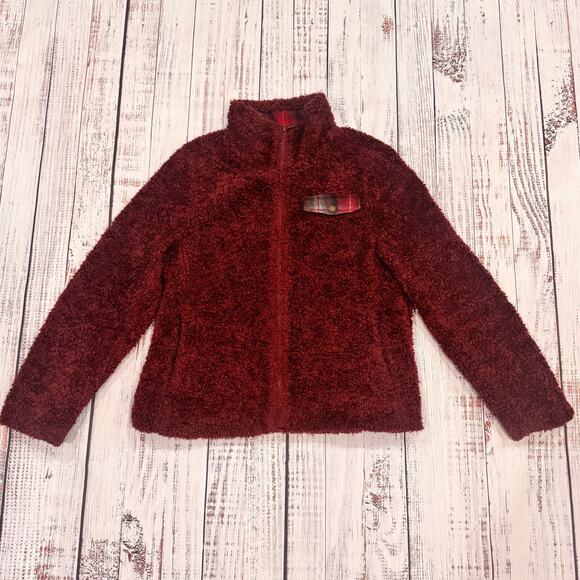 Pendleton Jackets & Blazers - Pendleton Sherpa Teddy Fleece Jacket Womens M Burgundy Plaid Trim Full Zip Lined